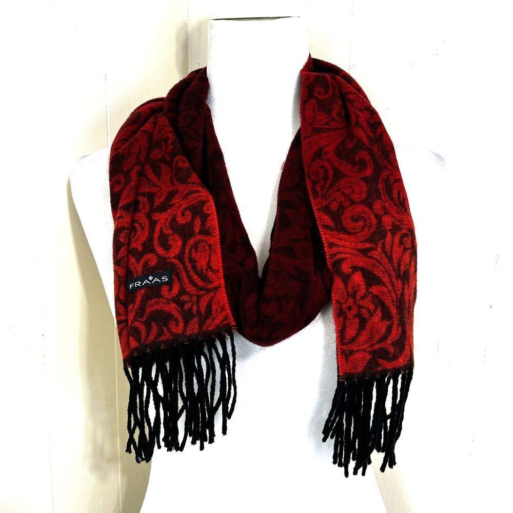 Fraas Cashmink Red & Orange Brown Scarf 11.5" x 70" 100% Acrylic Floral Pattern